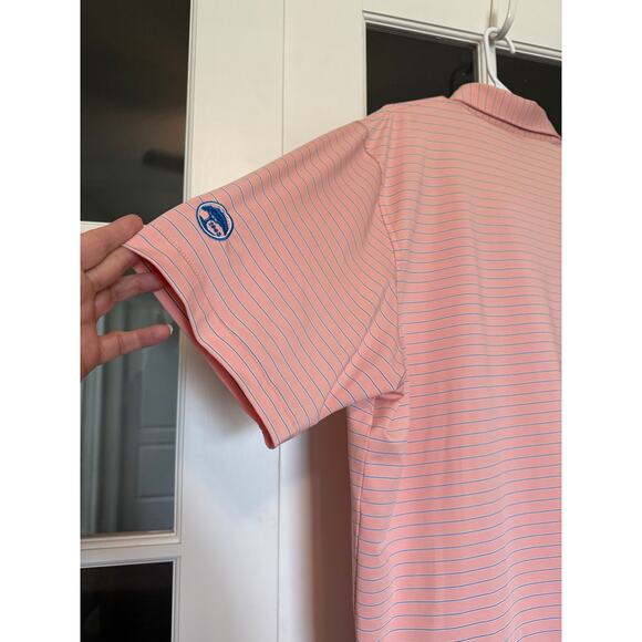 Peter Millar Summer Comfort Mens XL Polo Golf Shirt blue/white Stripe Peach - Picture 6 of 6